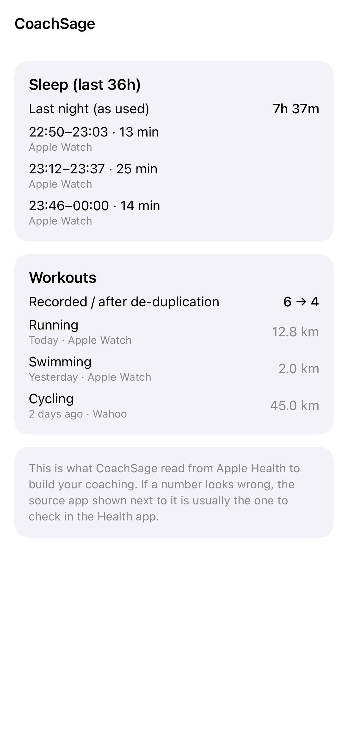 About Your Data screen showing each sleep session read from Apple Health and its source device