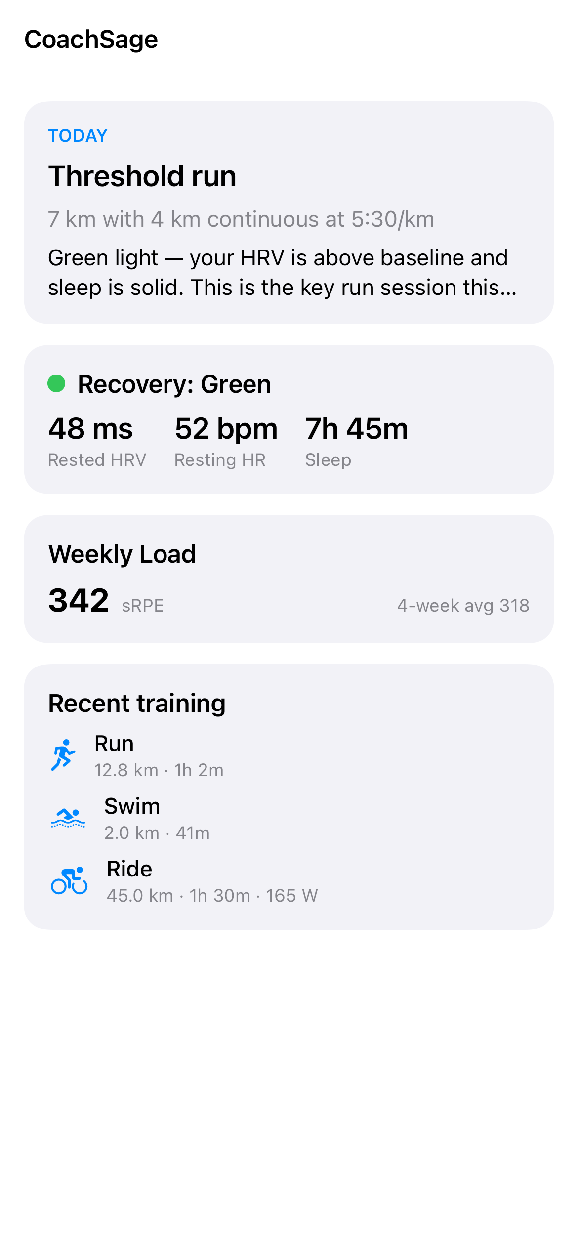CoachSage home screen showing today's recommendation, recovery status and this week's plan