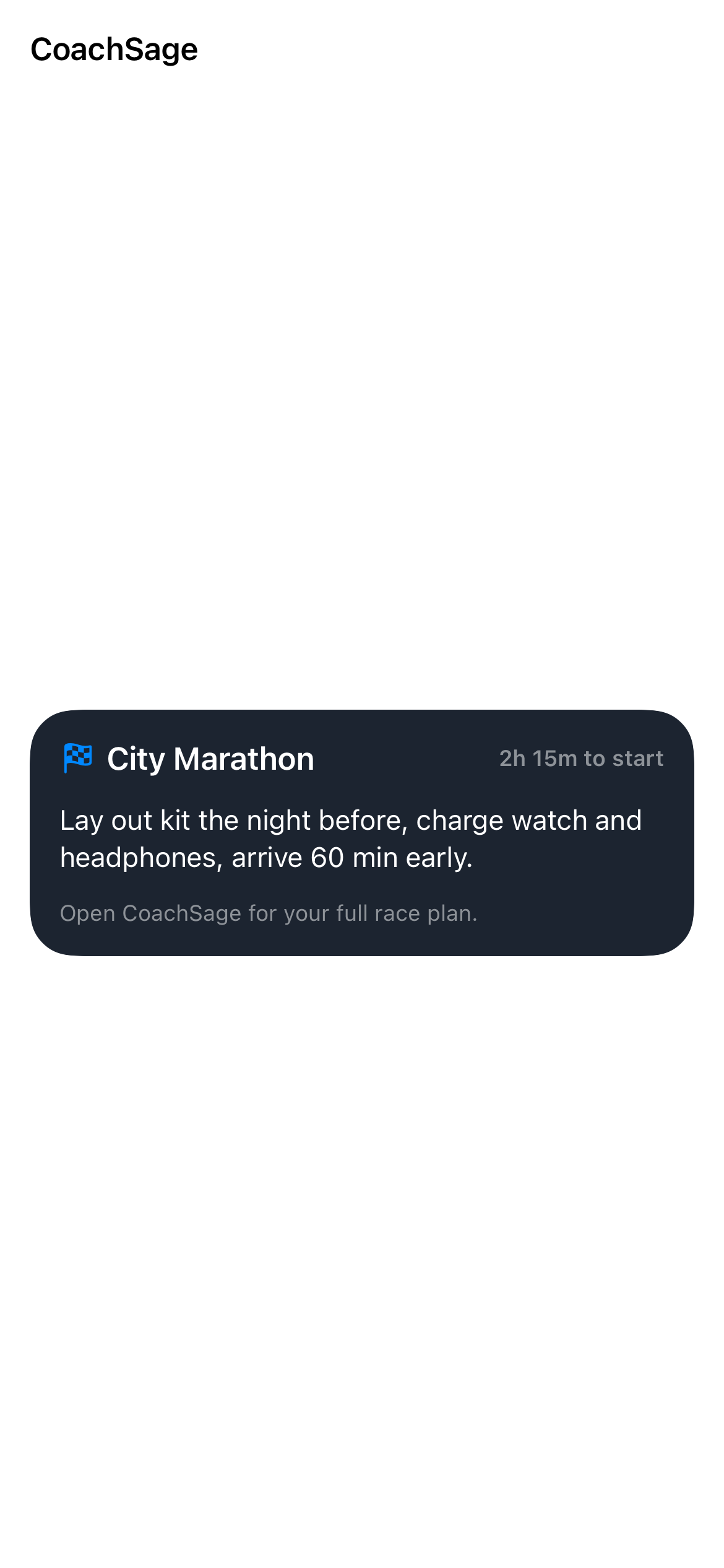 Race-day Live Activity showing countdown, checklist cue and link to the full race plan