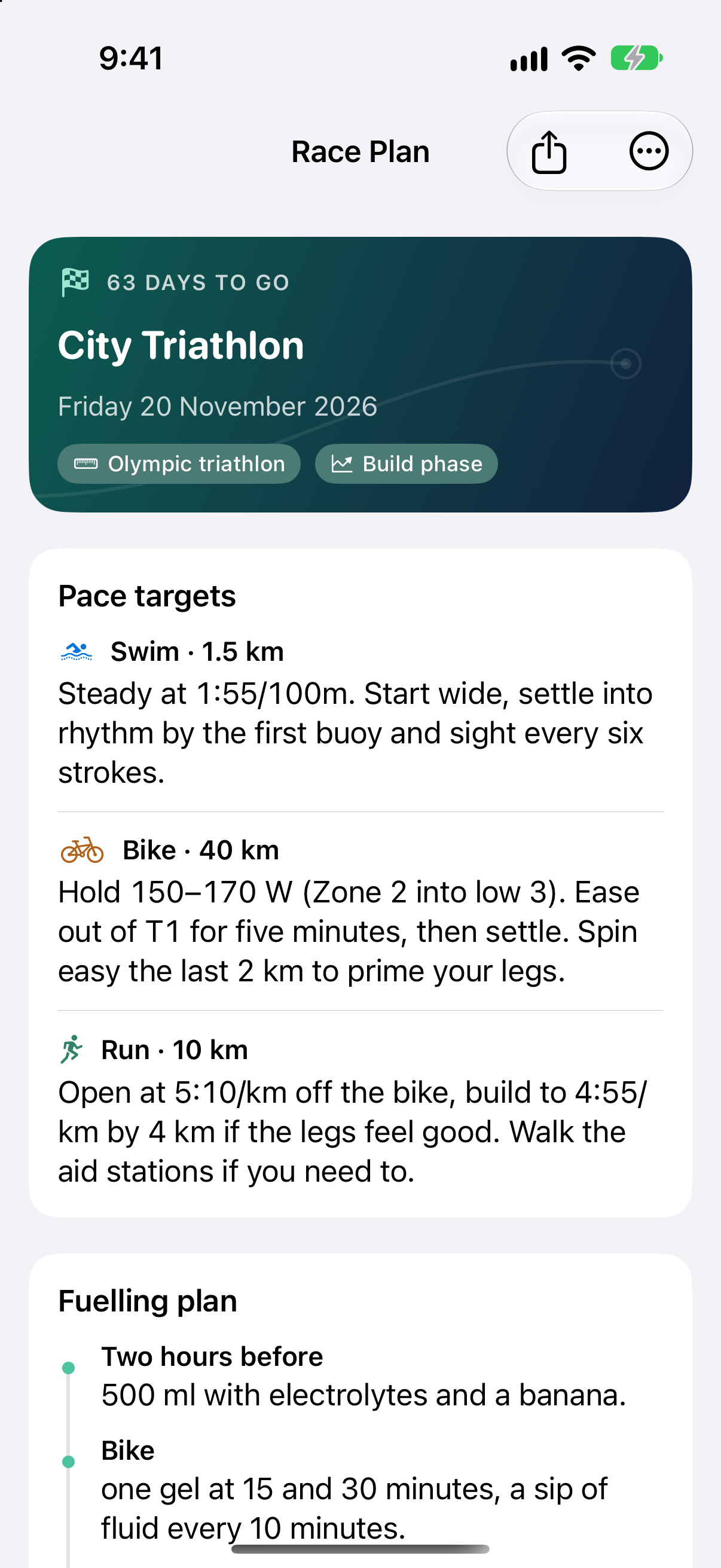 CoachSage race-day plan for a City Triathlon showing per-leg swim, bike and run pace targets and a fuelling plan laid out in order