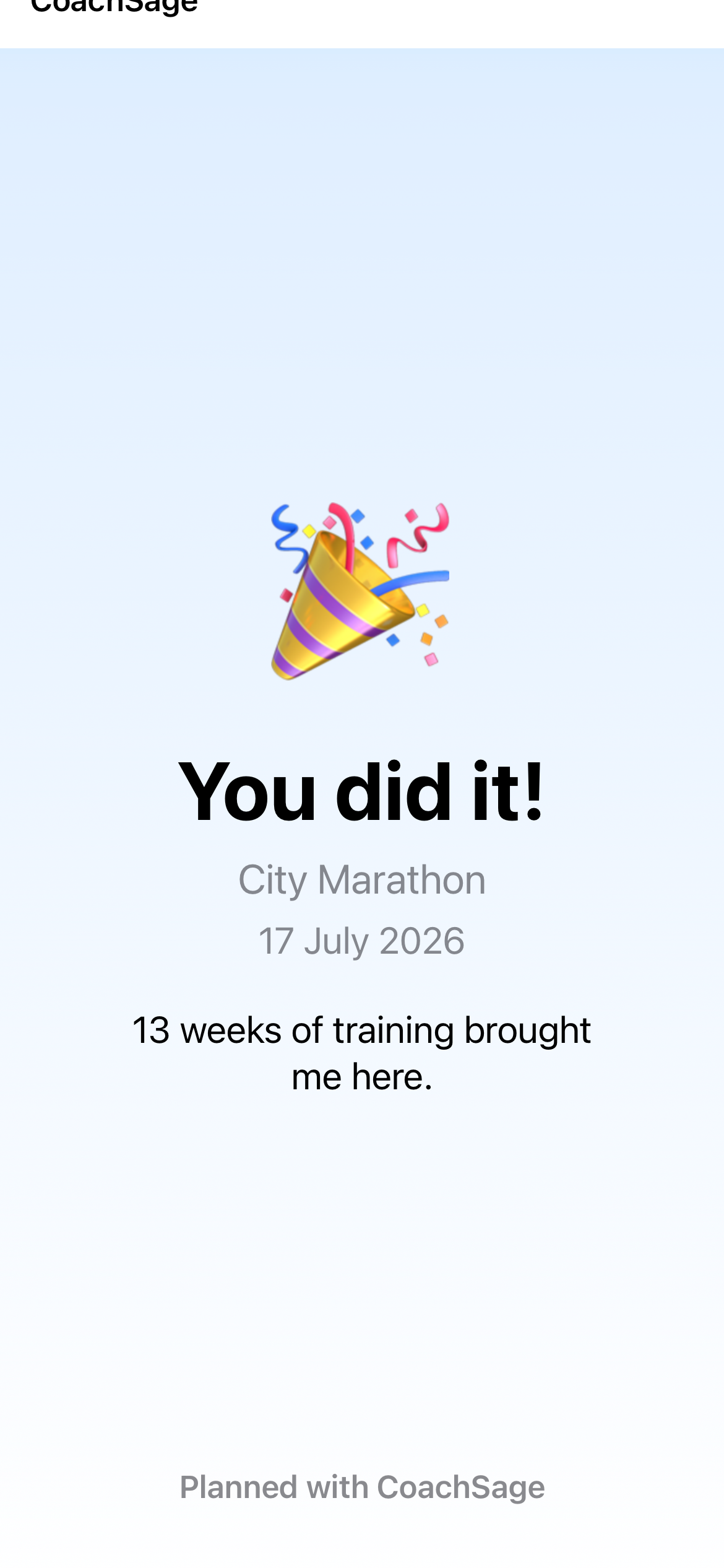 Shareable finish-line card for City Marathon showing 13 weeks of training