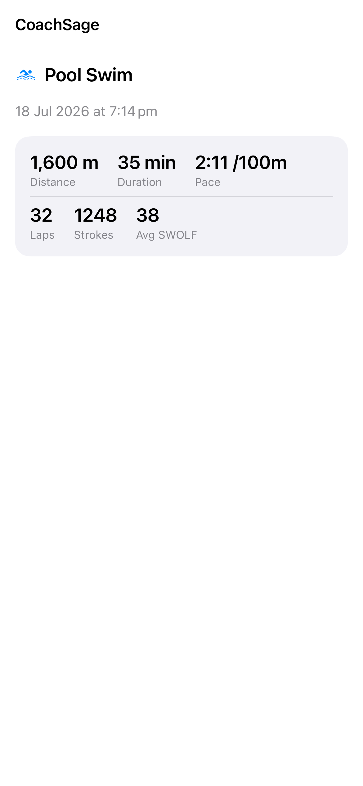 Swim workout detail showing distance, duration, pace, laps, strokes and average SWOLF