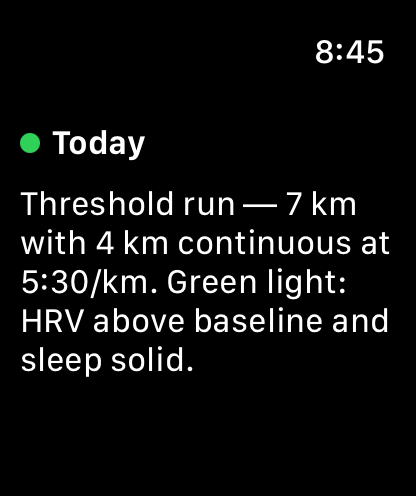 CoachSage on Apple Watch showing today's session with a green recovery indicator